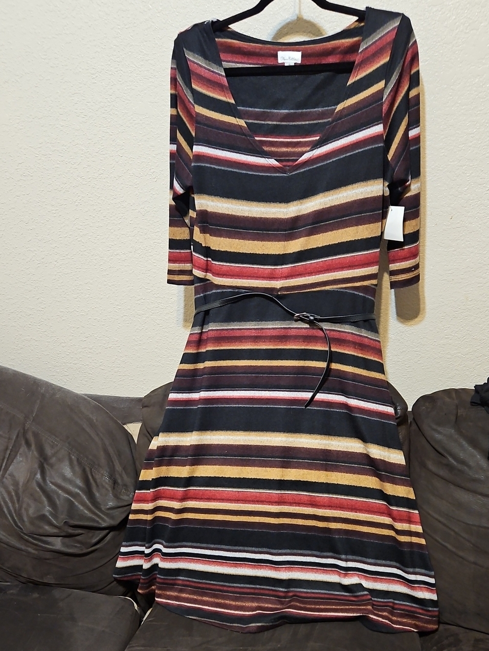 Olivia Matthews Striped Midi Dress in Black, Red and Gold Tones